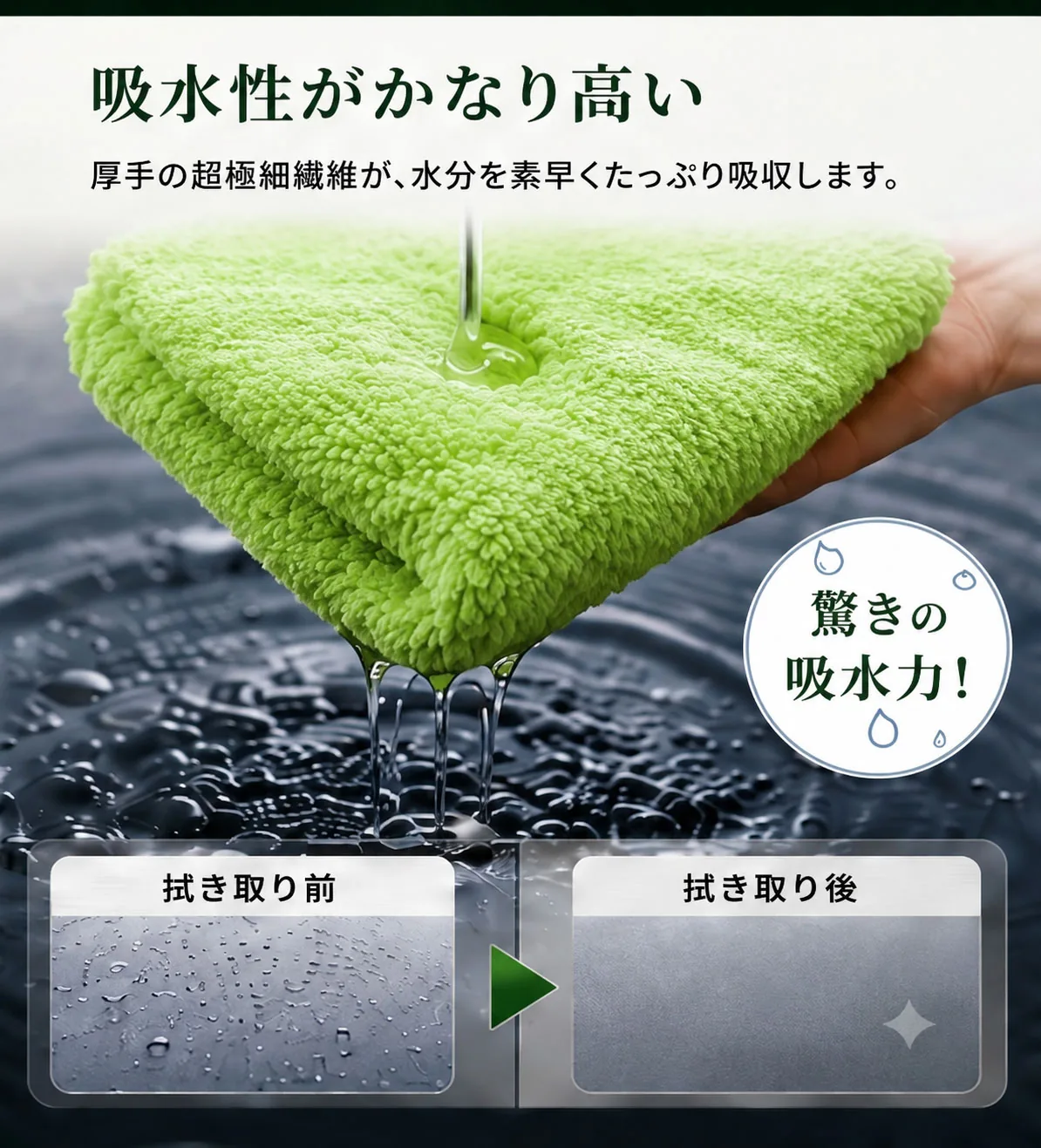 吸水性がかなり高い。厚手の超極細繊維が、水分を素早くたっぷり吸収します。拭き取り前と拭き取り後の比較。驚きの吸水力。