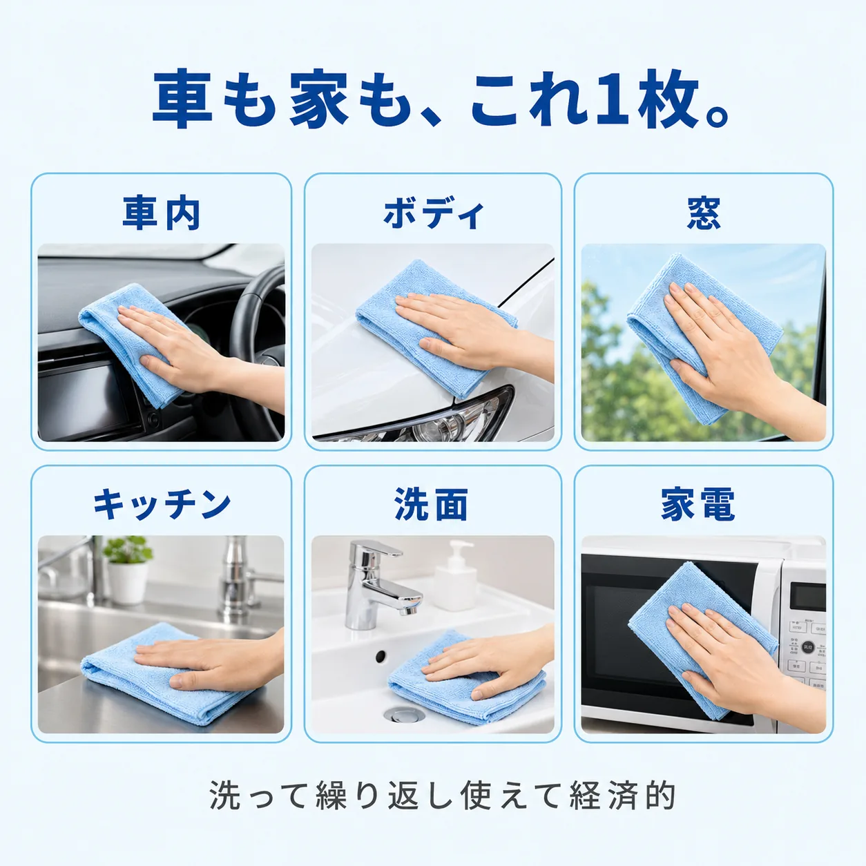 車も家も、これ1枚。車内、ボディ、窓、キッチン、洗面、家電。洗って繰り返し使えて経済的。